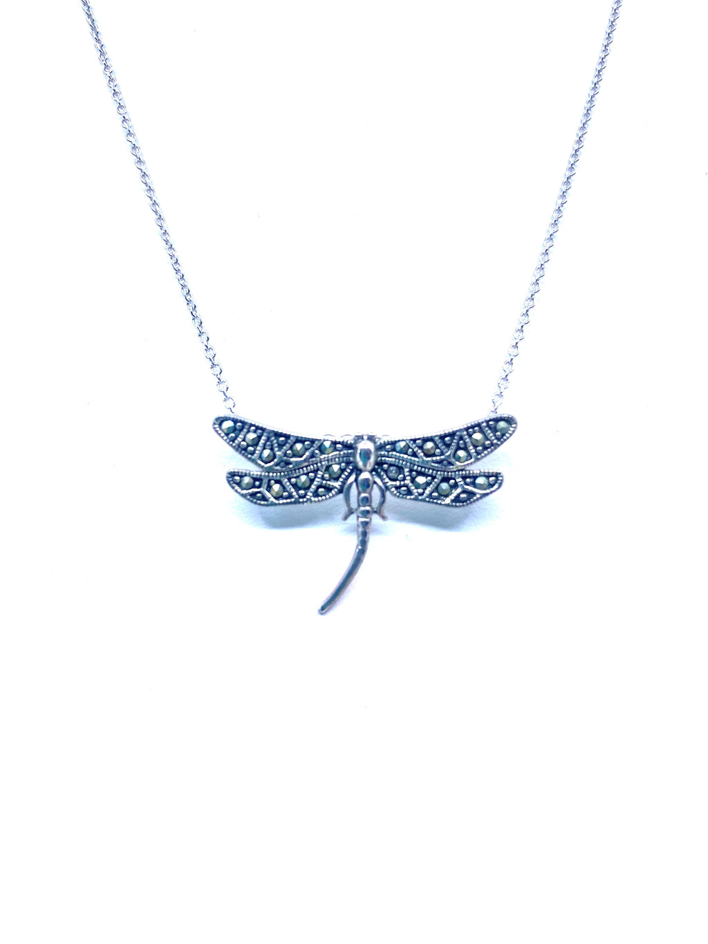 Lovely Marcasite Dragonfly Sterling Silver Necklace