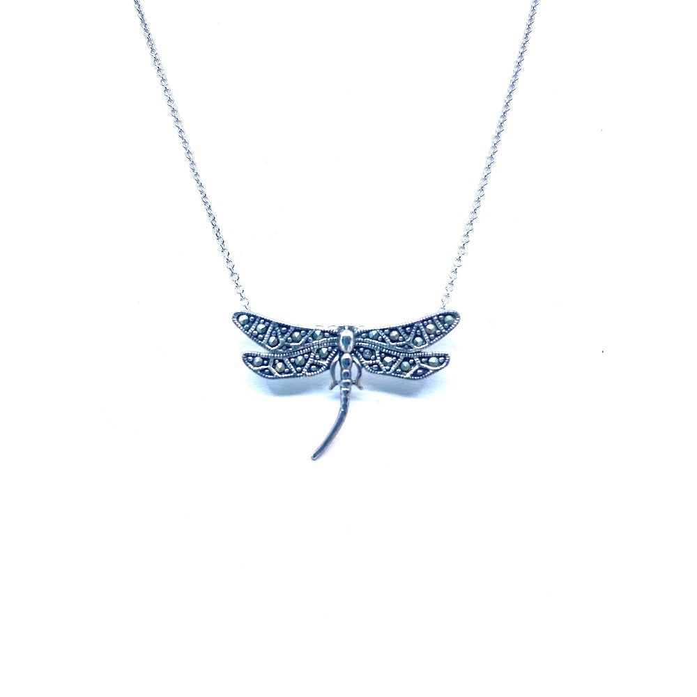 Lovely Marcasite Dragonfly Sterling Silver Necklace