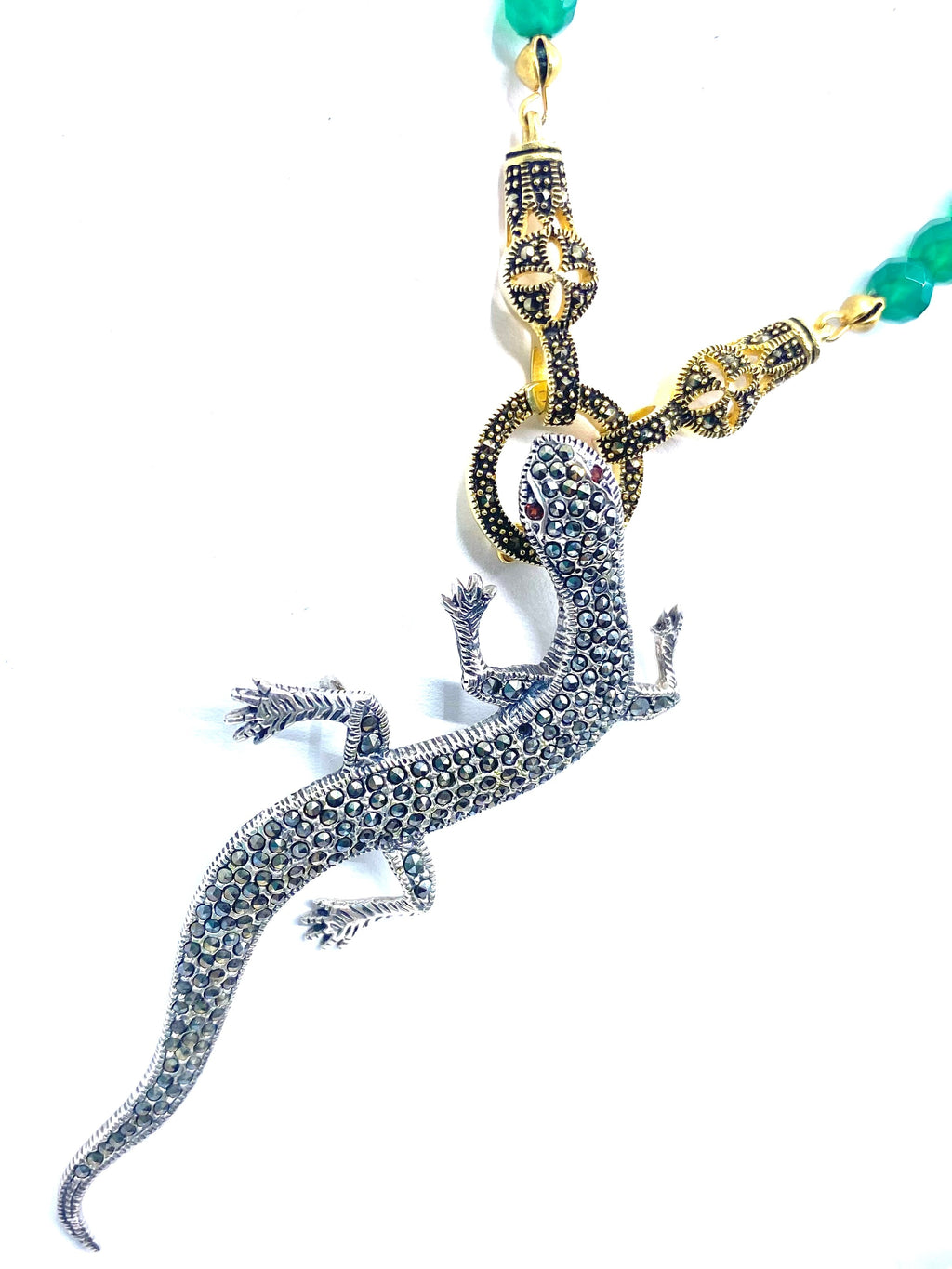 Climbing Lizard Green Agate With 14kt Gold Plated Marcasite Clasp Statement Necklace