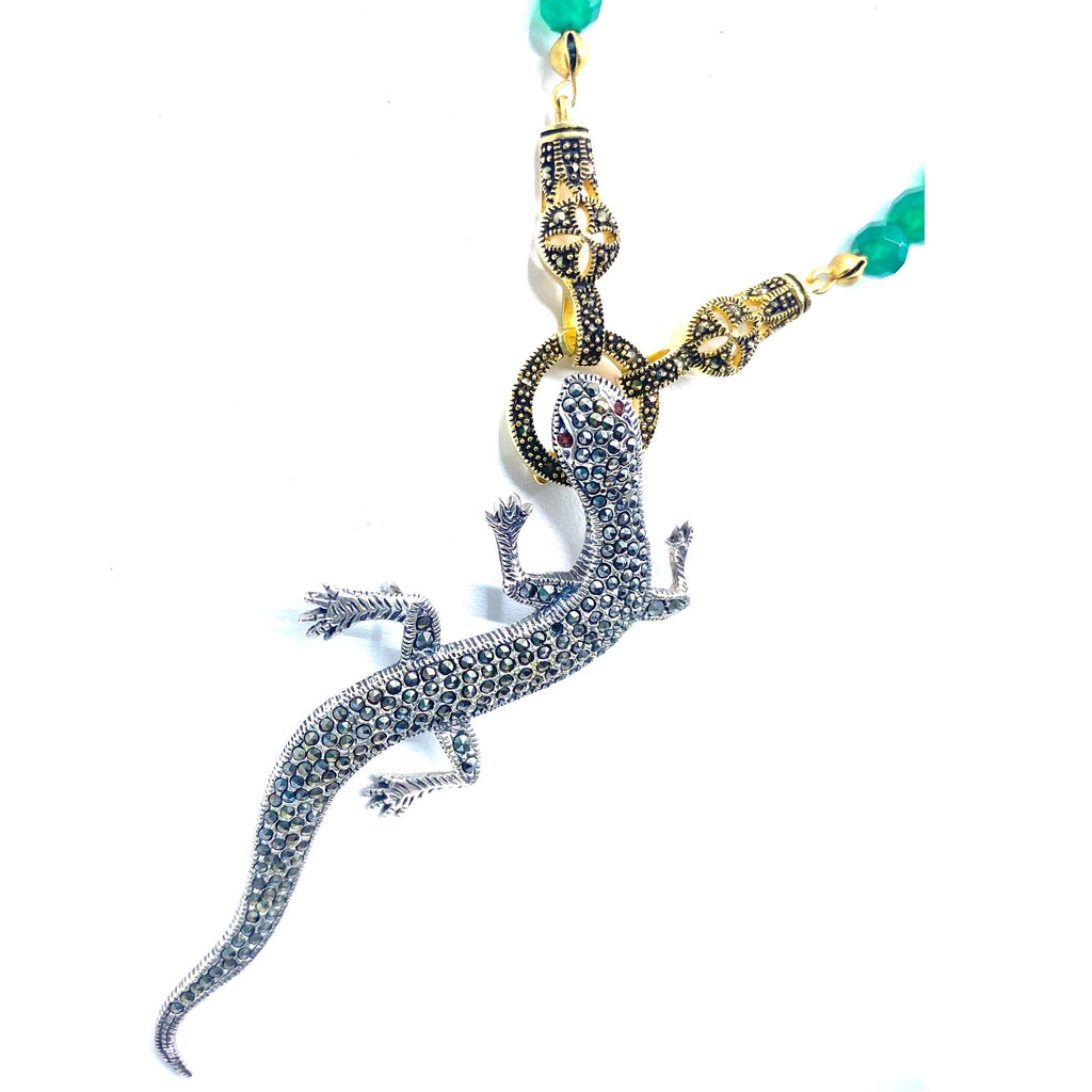 Climbing Lizard Green Agate With 14kt Gold Plated Marcasite Clasp Statement Necklace
