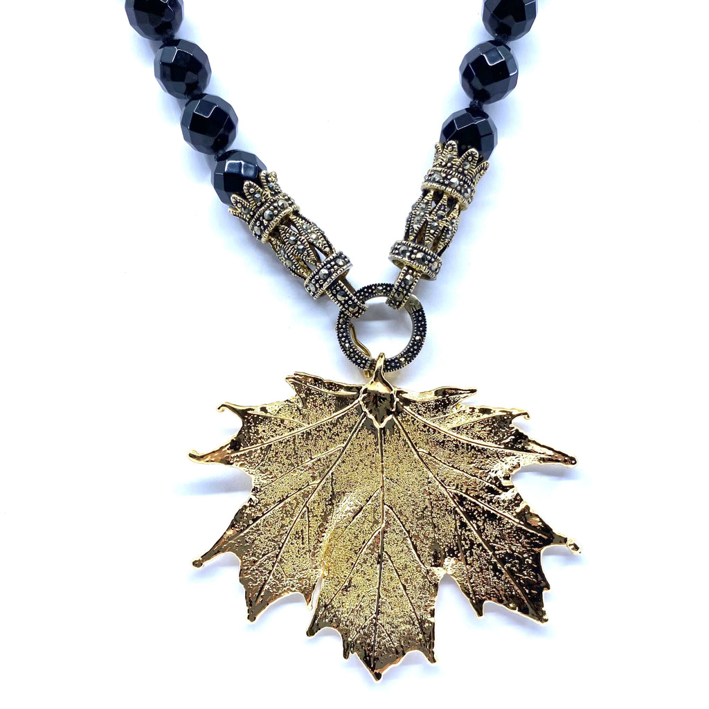 Stunning Gold Saturated Maple Leaf Black Onyx Marcasite Statement Necklace