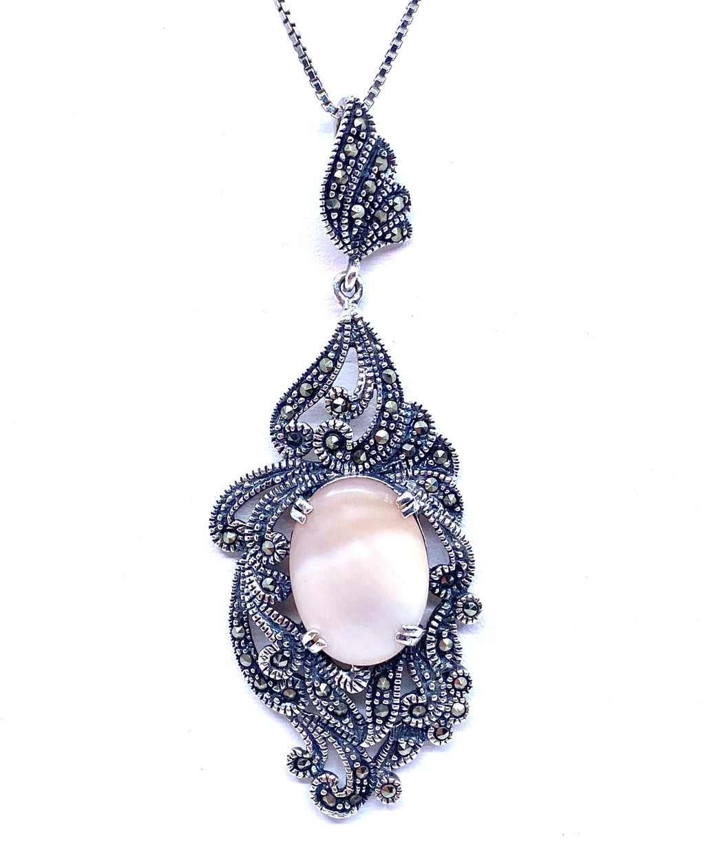 Gorgeous Pink Shell Marcasite Vintage Style Sterling Silver Necklace