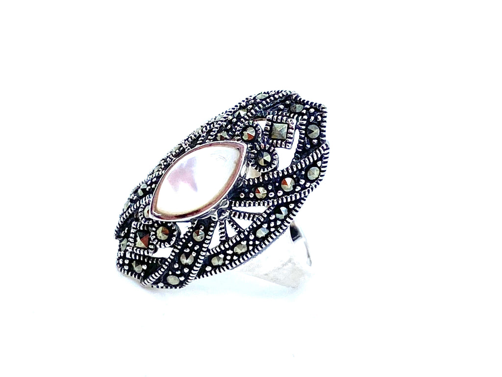 Beaautiful Vintage Style Mother of Pearl Marcasite Sterling Silver Ring