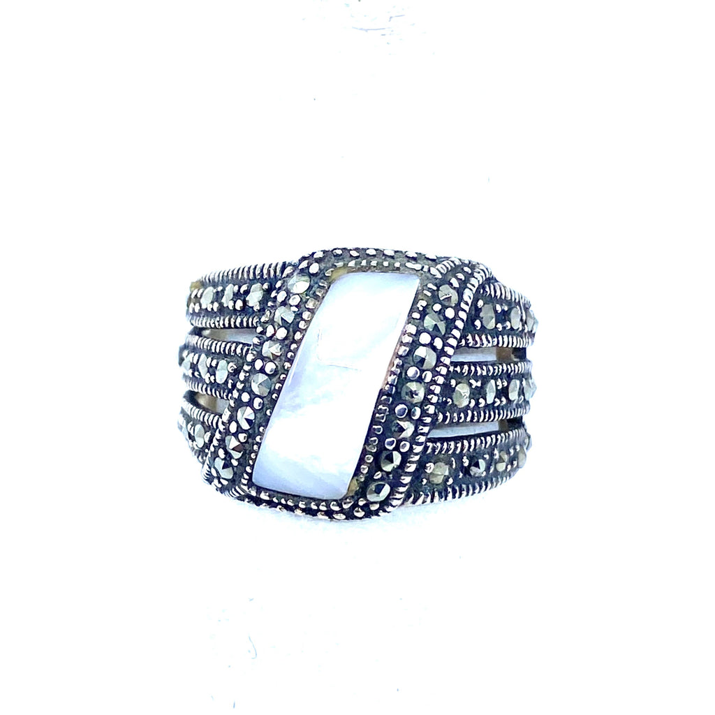 Mother of Pearl Sparkling Marcasite Sterling Silver Ring