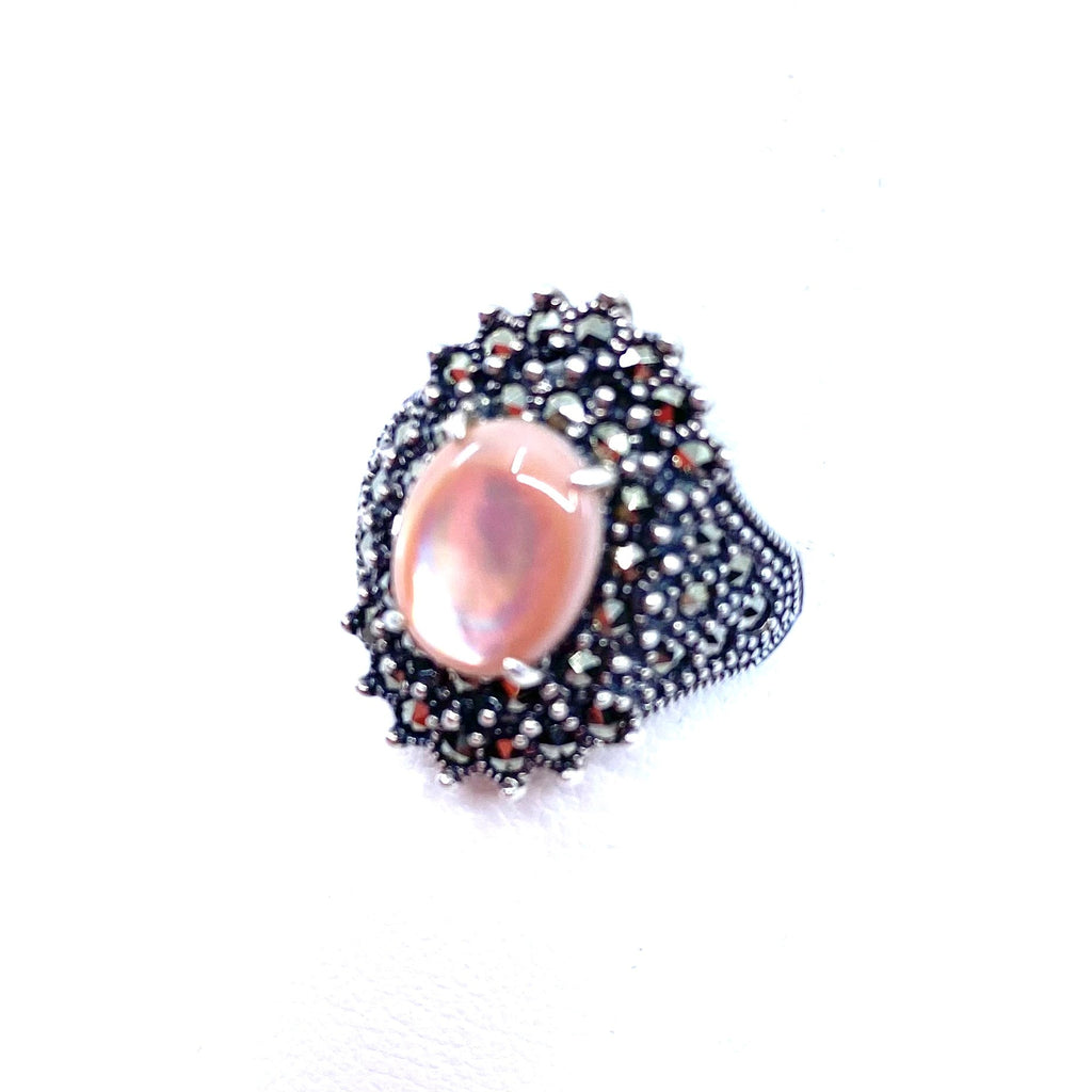 Gorgeous Pink Shell Marcasite Sterling Silver Statement Ring