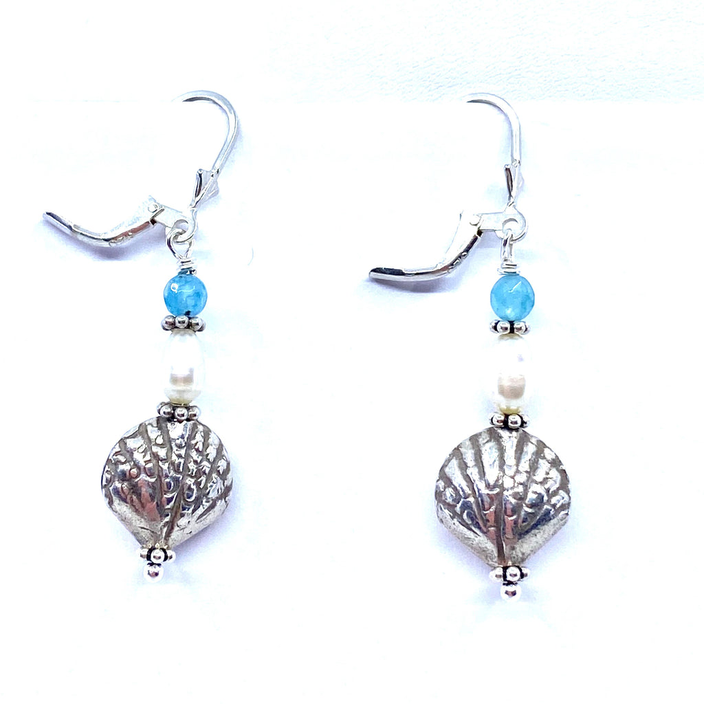 Lovely Silver Shell  Pearl and Blue Quartz Earrings
