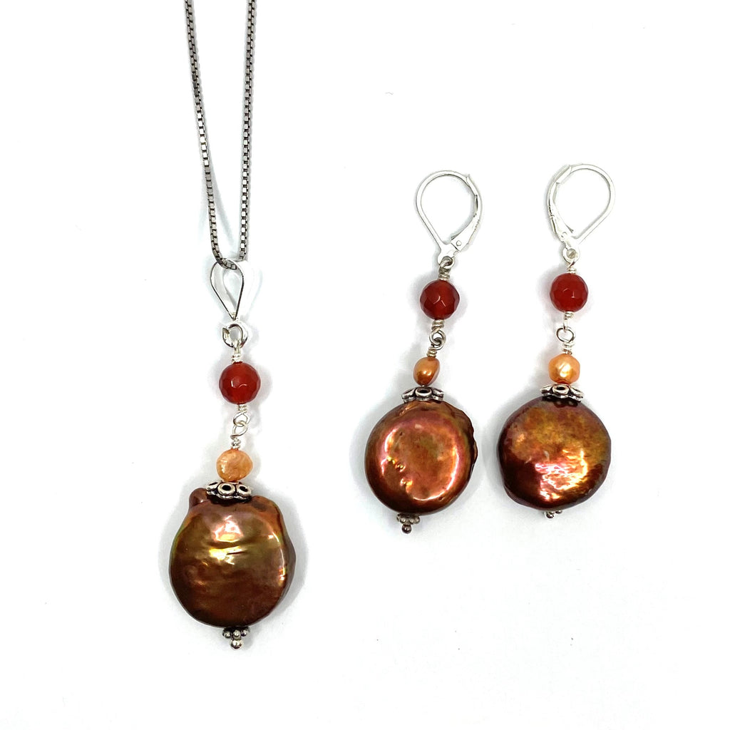 Beautiful Rose Bronze Freshwater Pearl Earrings & Pendant Set