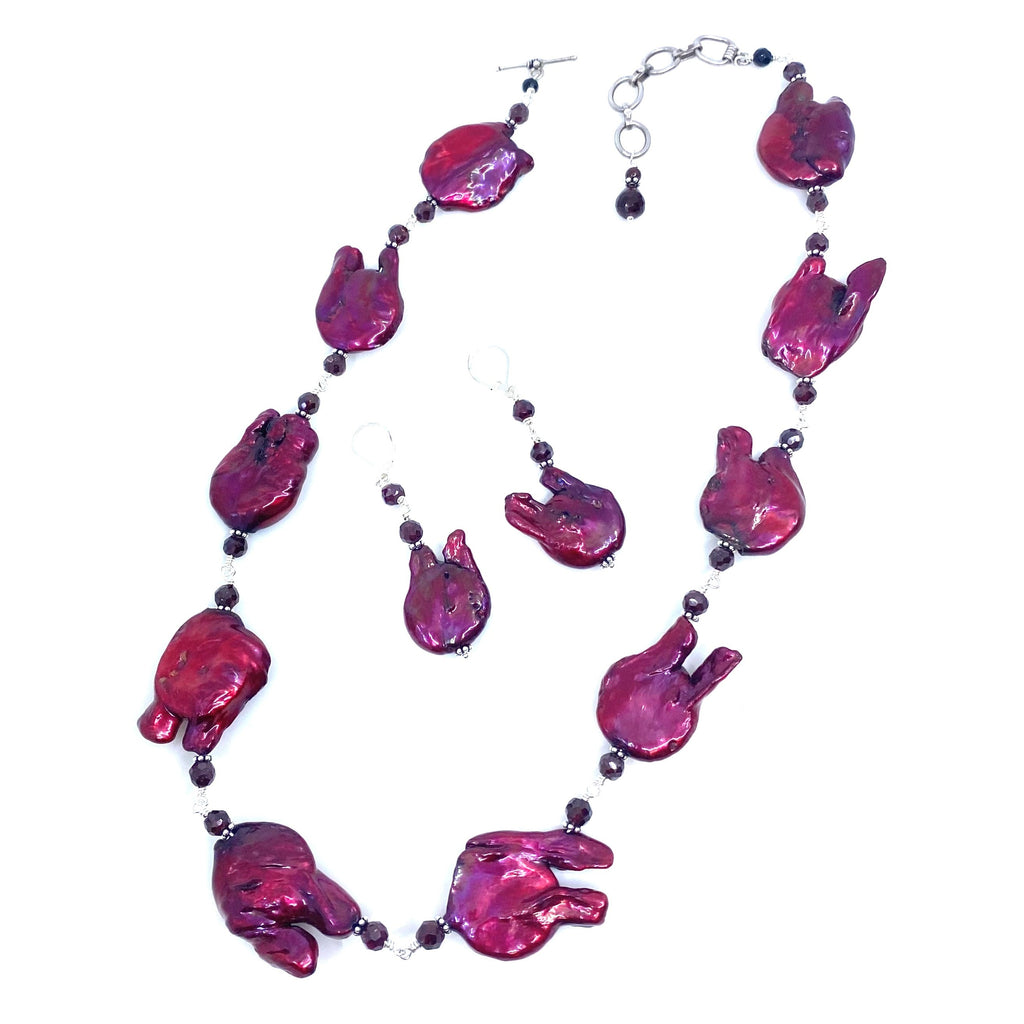 Magnificent Garnet Red Pearl Sterling Silver Statement Necklace