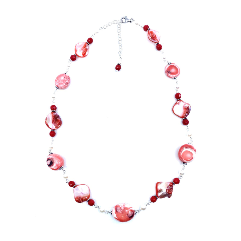 Delightful Coral and Rose Shell Summertime Beach Sterling Silver Necklace