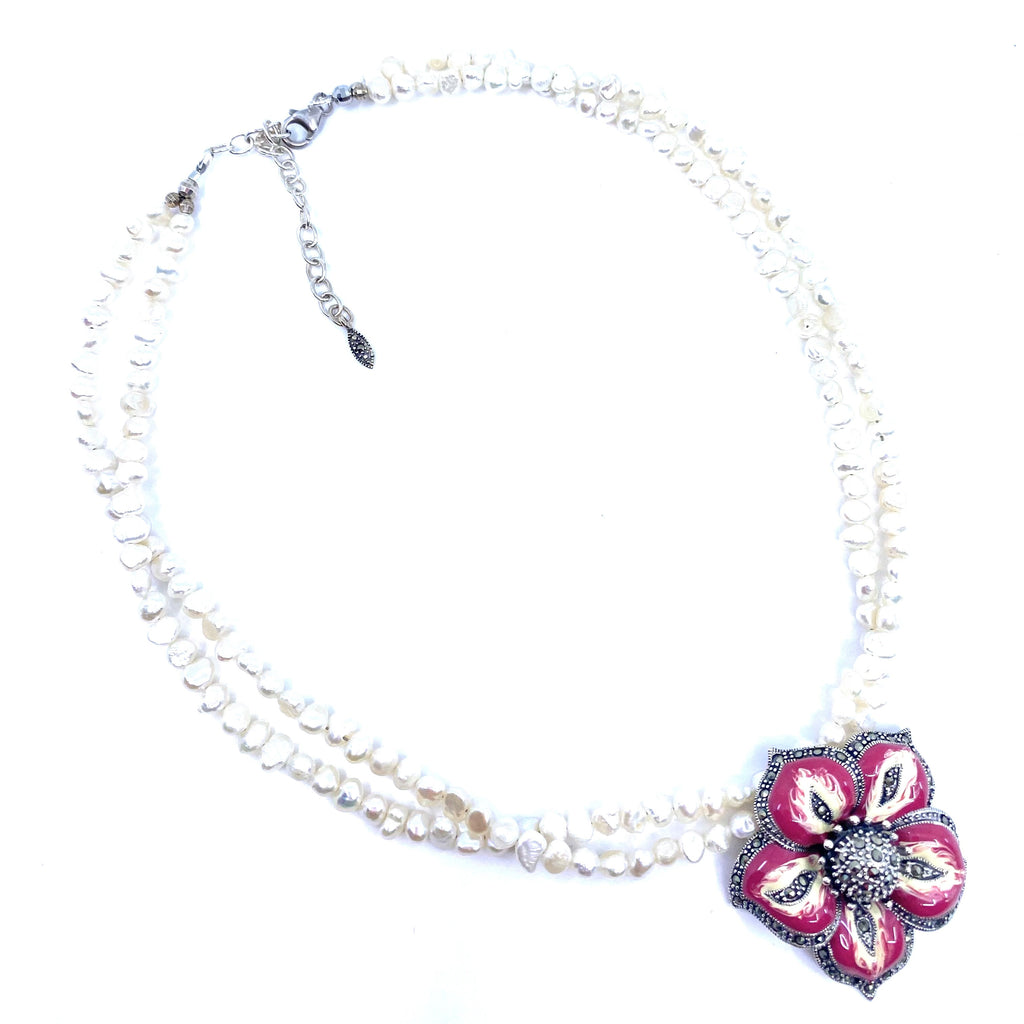 Sparkly Pink Flower on White Pearls With Marcasite Accent Sterling Silver Necklace 16" - 18"