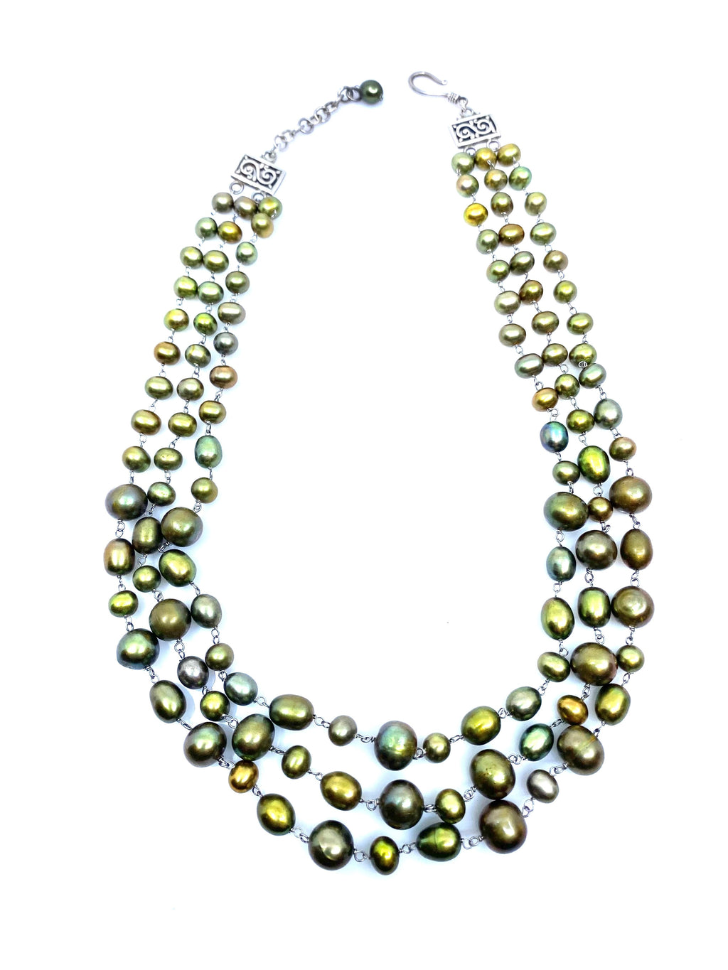 Gorgeous 3 Layers of Golden Green Freshwater Pearls Necklace