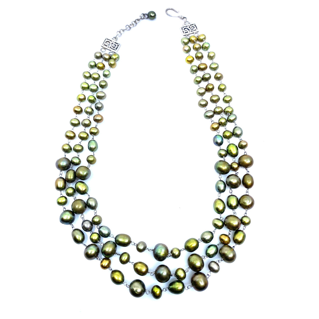 Gorgeous 3 Layers of Golden Green Freshwater Pearls Necklace