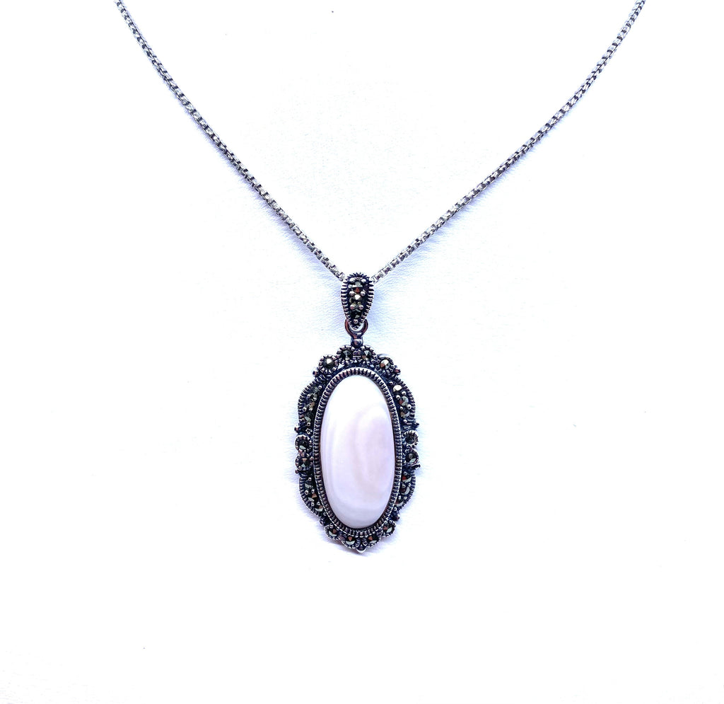 Vintage Style Mother of Pearl Pendant on Sterling Silver Chain
