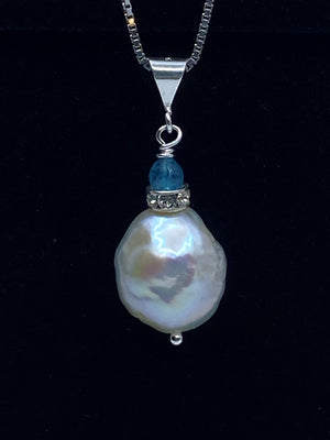 Stunning Pearl Freshwater Pearl with Blue Apatite Sterling Silver Pendant