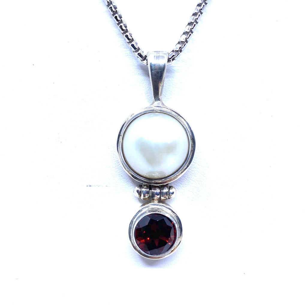 Gorgeous Mabe Pearl With Faceted Red Stone Sterling Silver Pendant