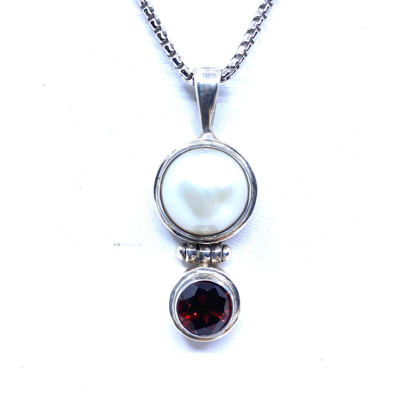 Gorgeous Mabe Pearl With Faceted Red Stone Sterling Silver Pendant