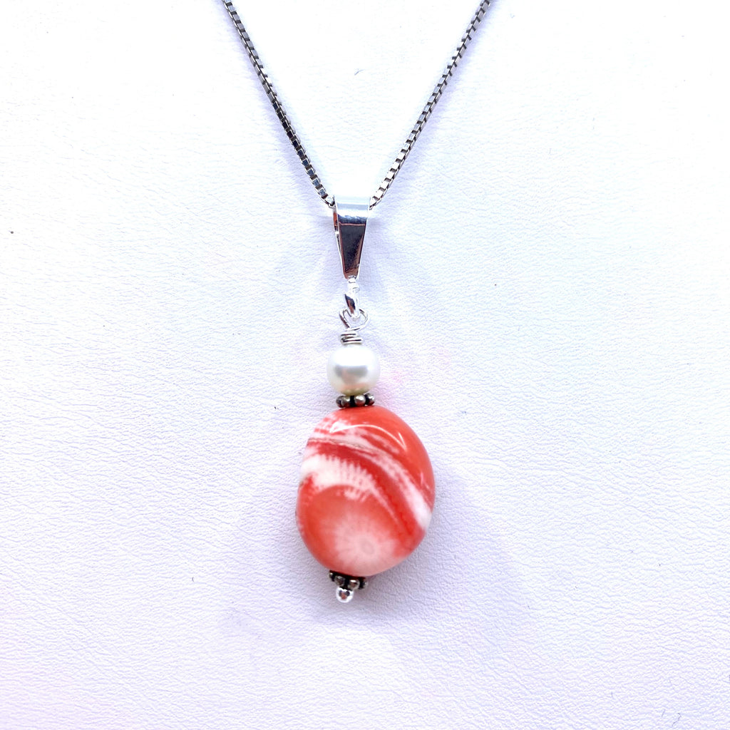 beautiful Coral and White Stripe Sterling Silver Pendant