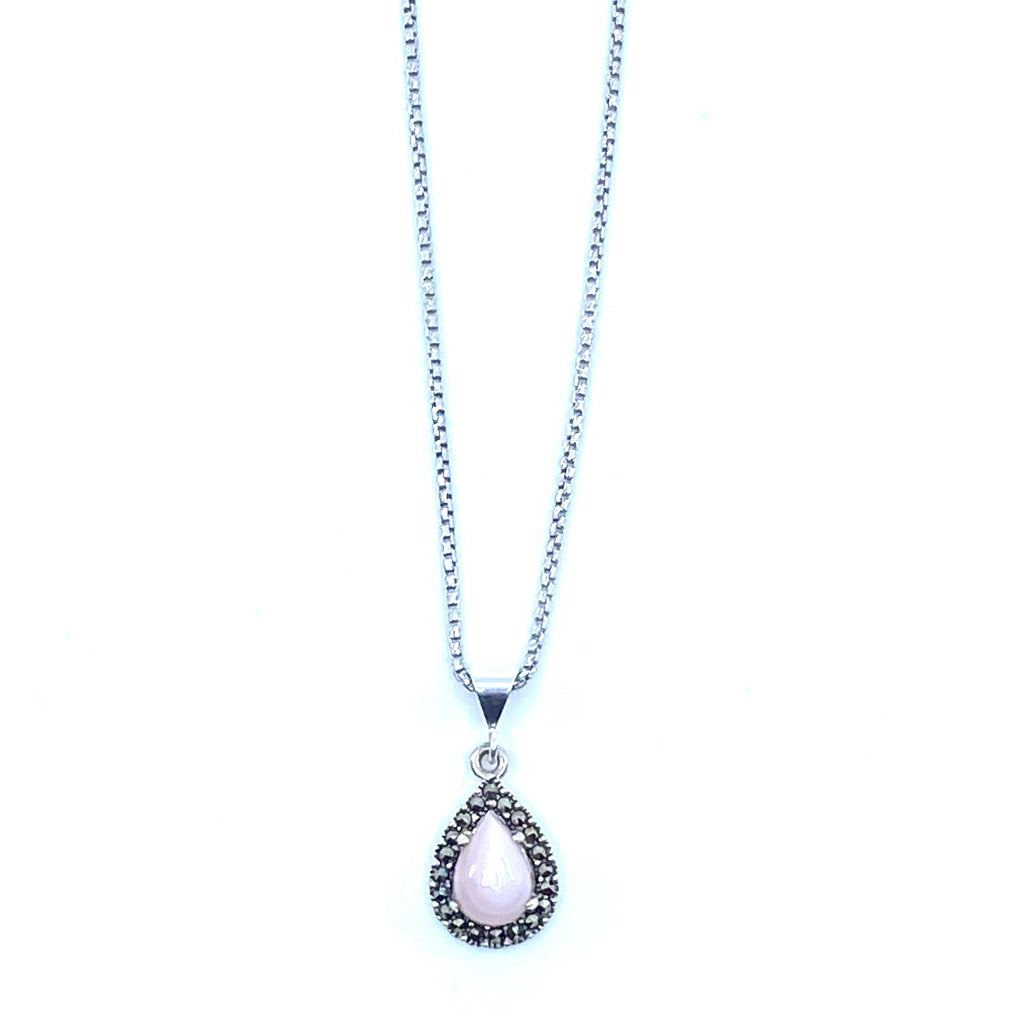 Darling Petite Pink Shell Marcasite Sterling Silver Pendant Necklace