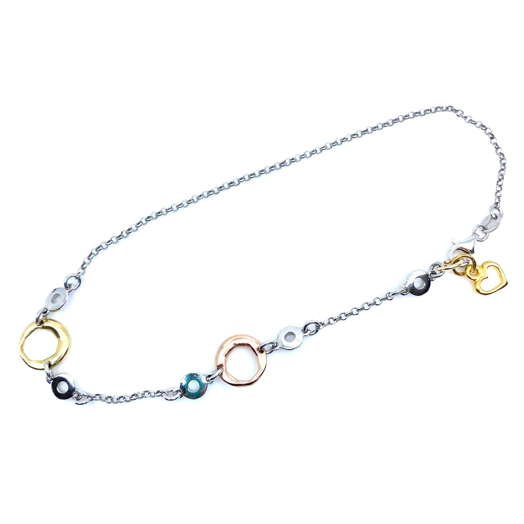 Italian Tri-Color Rhodium Plated Sterling Silver and Gold Heart Anklet