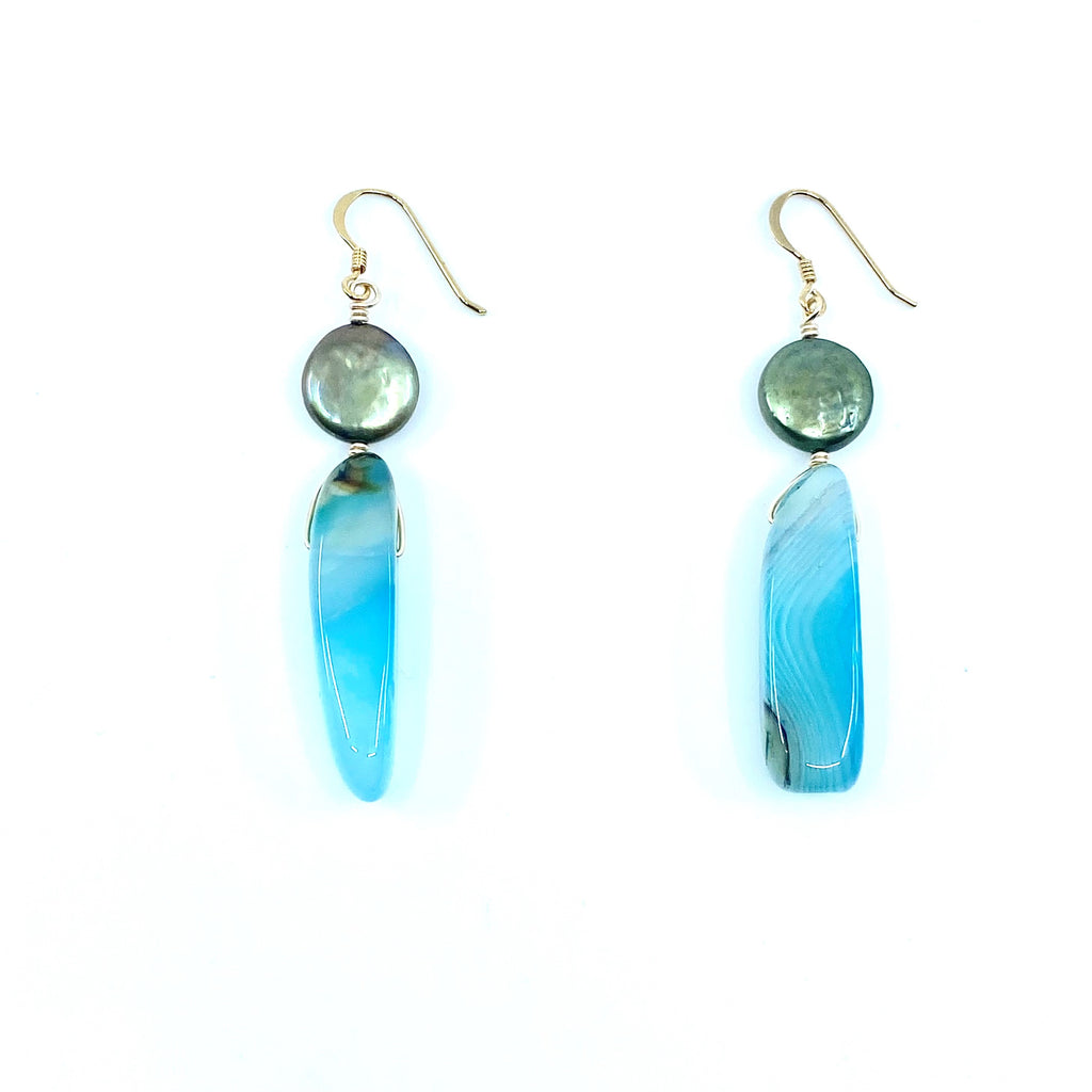 Beautiful Blue Agate with Green Coin Pearl Gold Filled Earrings