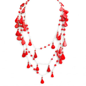 Vibrant Floating Red Coral Drops Sterling Silver "Happy" Statement Lariat