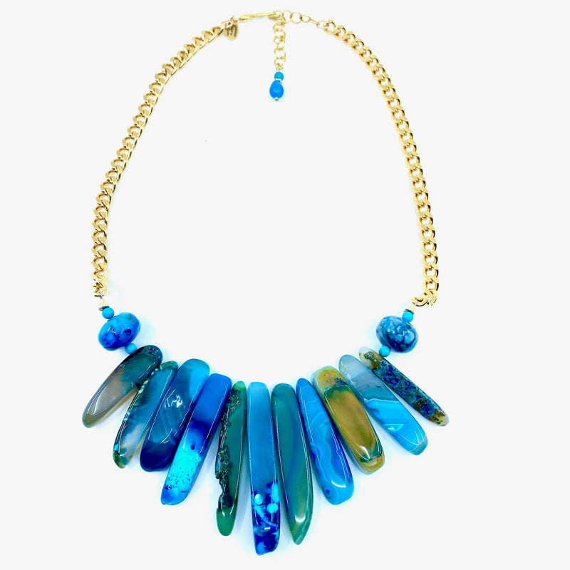 Spectacular Blue Agate Gold Plated Statement Necklace