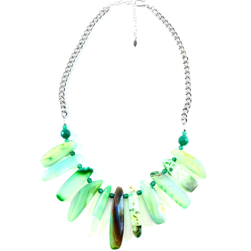 Gorgeous Green Agate Silver Plated Statement Necklace