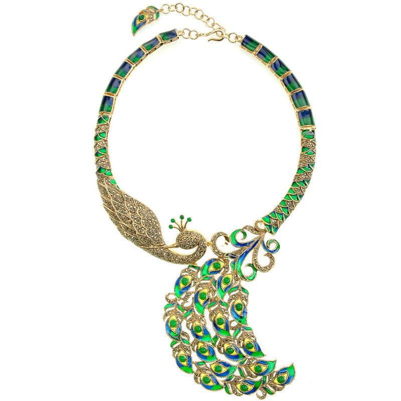 Majestic Green Peacock Gold Plated Marcasite Statement Necklace