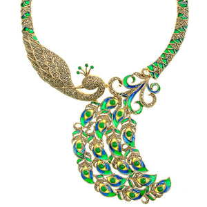 Majestic Green Peacock Gold Plated Marcasite Statement Necklace