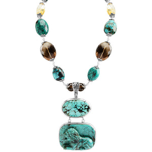 Magnificent Carved Turquoise, Smoky and Lemon Quartz Sterling Silver Lion Statement Necklace