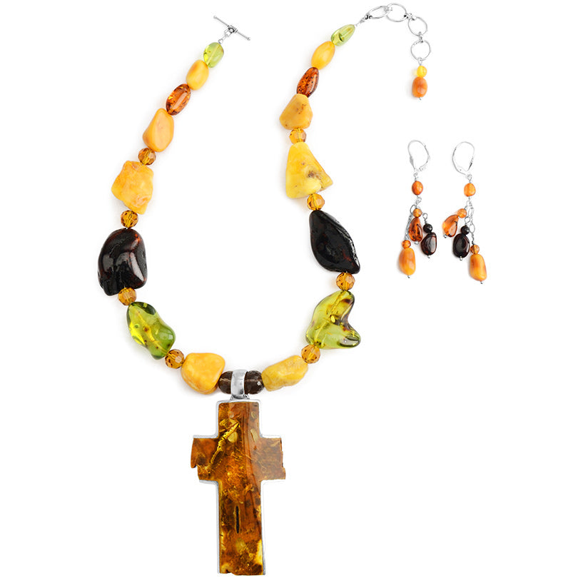 Magnificent Baltic Amber Cross Sterling Silver Statement Necklace