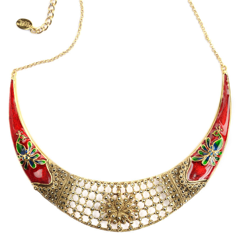 Vibrant Red and Gold Plated Marcasite Peacock Statement Necklace