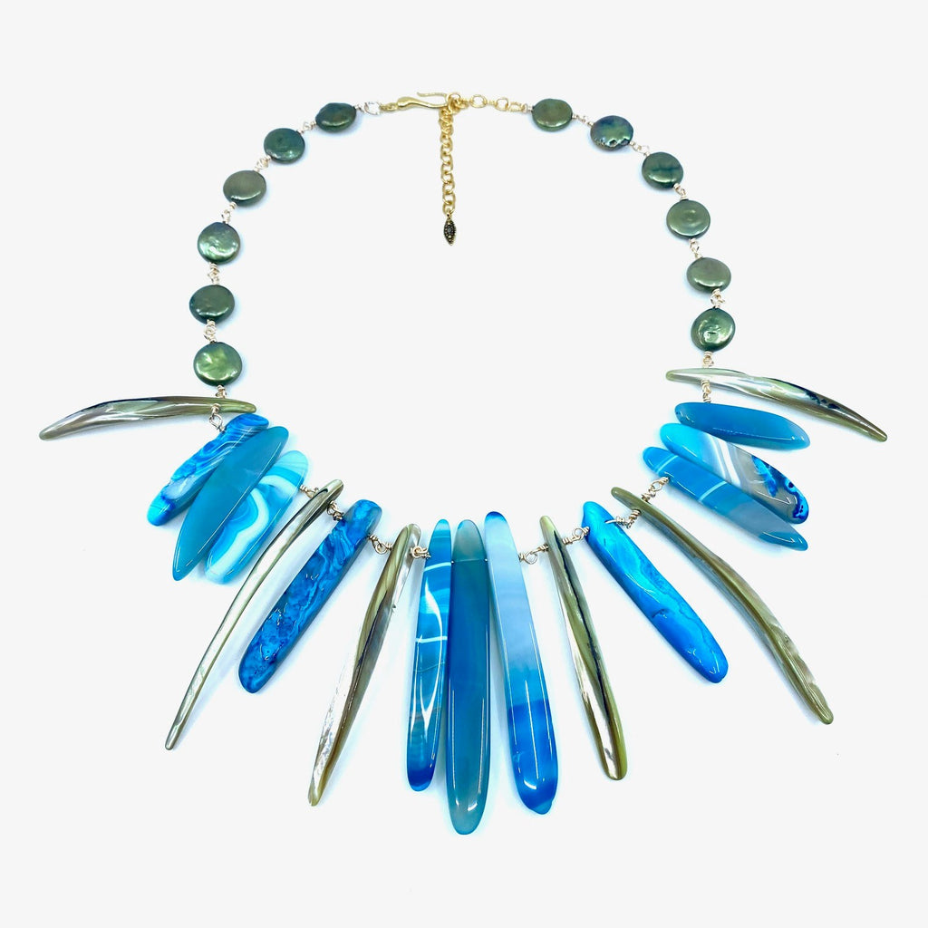Beautiful Blue Agate, Green Shell & Green Coin Pearl Statement Necklace