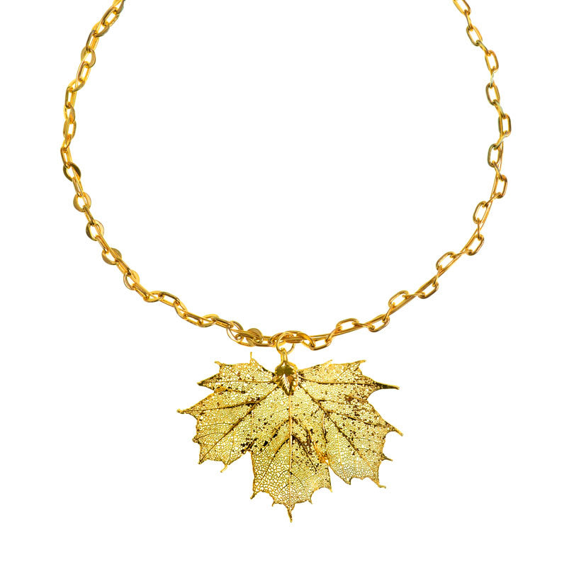 24kt Gold Saturated Real Maple Leaf on 18kt Gold Plated Flexible Collar