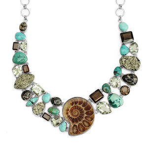 Magnificent Ammonite and Mixed Stones Sterling Silver Statement Necklace
