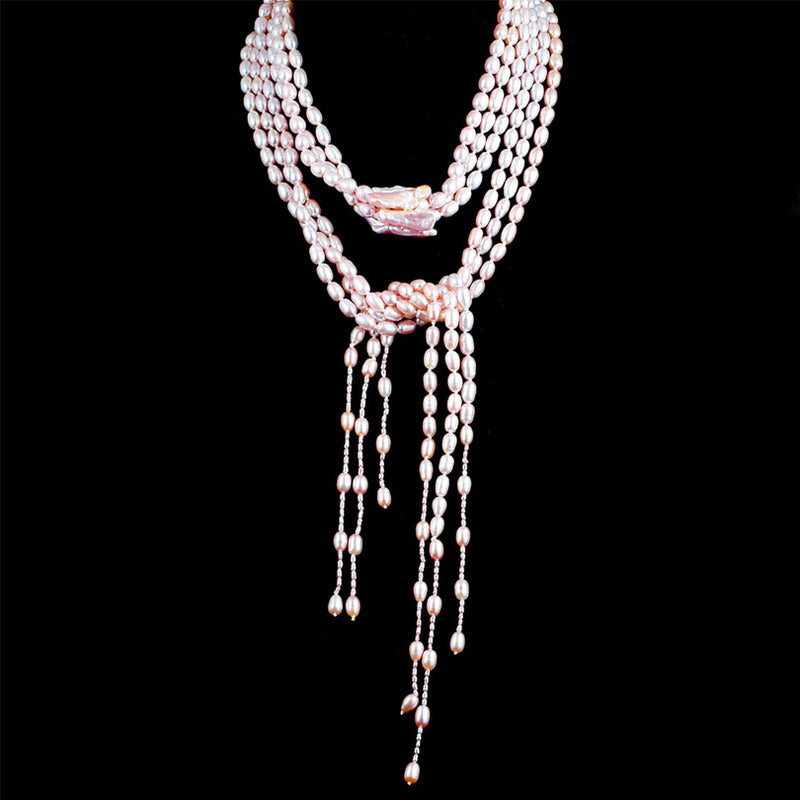 Lovely Pink Fresh Water Pearl 3 Strand Lariat Necklace