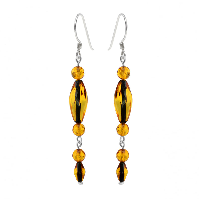Natural Wave Cut Faceted Cognac Baltic Amber Sterling Silver Earrings