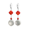 Lustrous White Coin Pearl and Coral Flower Sterling Silver Statement Earrings