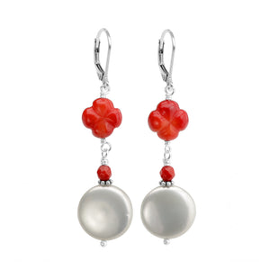 Lustrous White Coin Pearl and Coral Flower Sterling Silver Statement Earrings