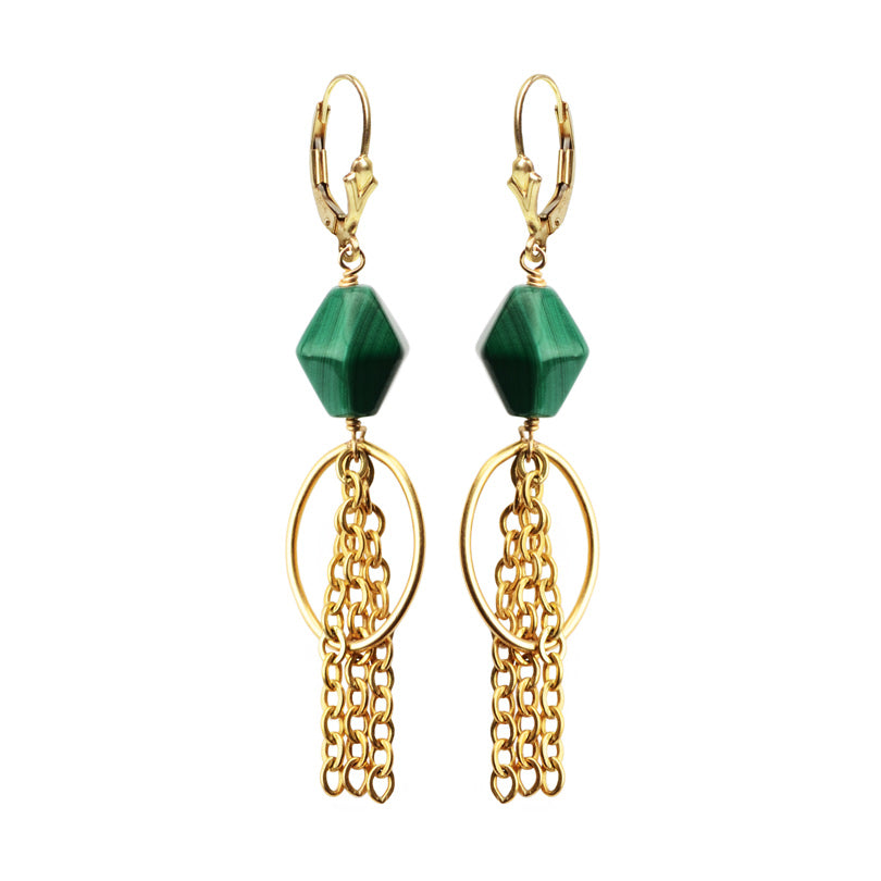 Elegant Malachite Gold Filled Chain Earrings