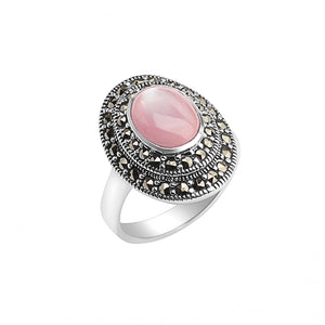 Elegant Sterling Silver Marcasite Pink Mother of Pearl Ring