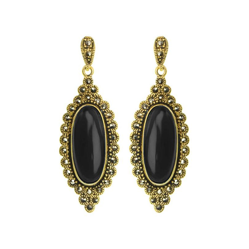 Vintage Inspired Carnelian Marcasite Gold Plated Earrings