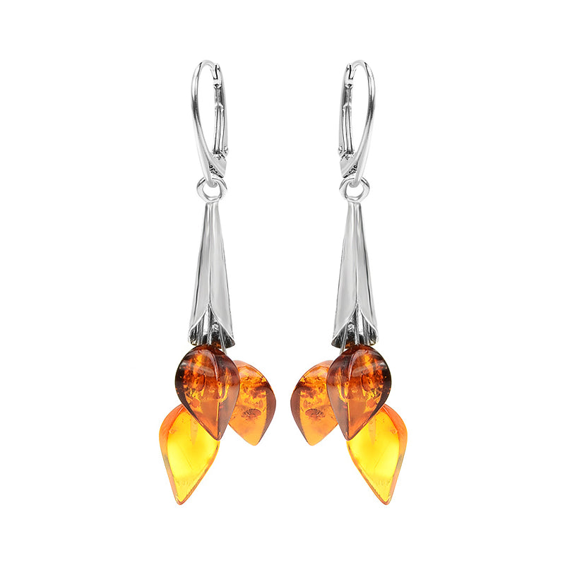 Delicate Leaves of Baltic Amber Sterling Silver Statement Earrings