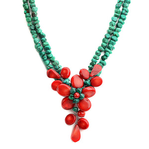 Beautiful Coral Flower with Genuine Turquoise Flower Statement Necklace
