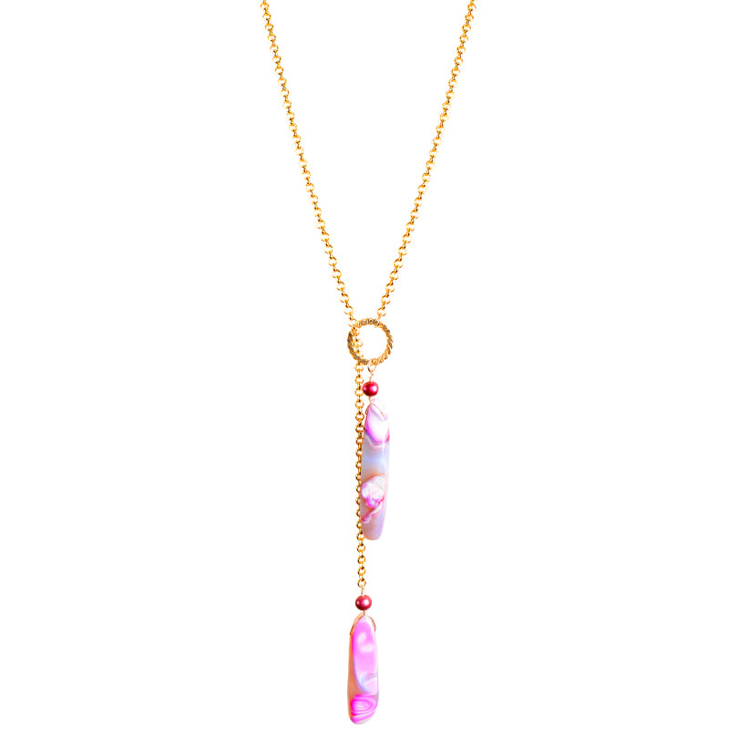 Unique Lariat of Pink and Gray Agate Gold Plated Lariat Chain Necklace