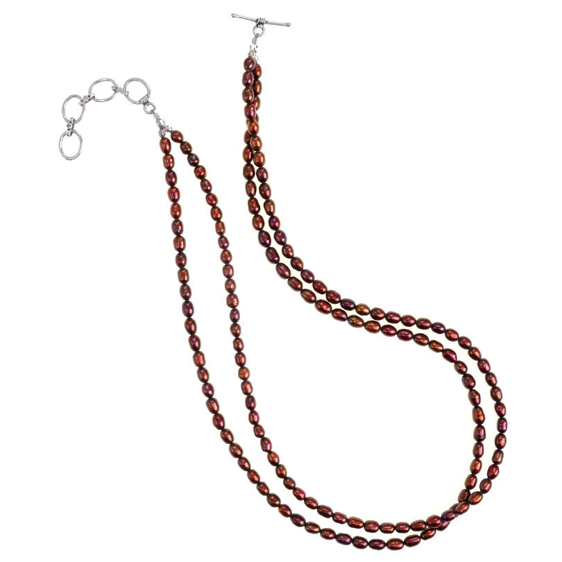 Mahogany Red Fresh Water Pearl Double Strand Necklace With Sterling Silver Clasp.