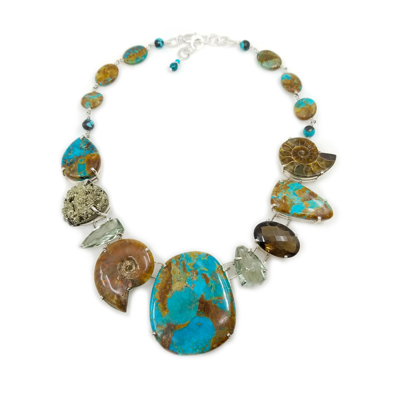 Magnificent Boulder Turquoise, Firey Ammolite and Amazing Gemstones Sterling Silver Statement Necklace