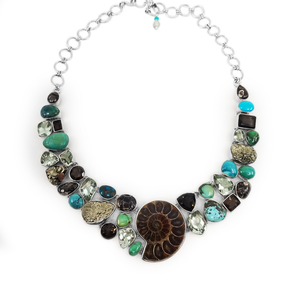 Stunning Ammonite, Turquoise, Green Amethyst, Pyrite, Smoky Quartz Sterling Silver Statement Necklace