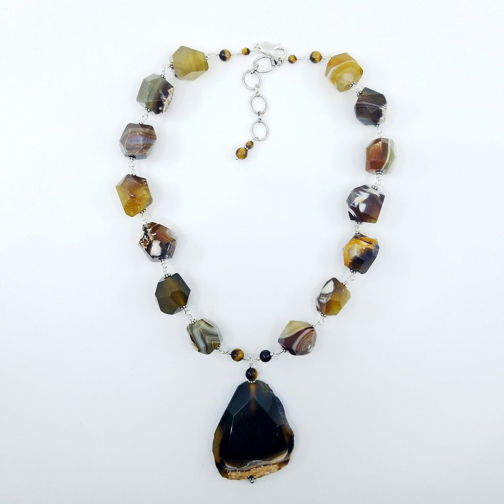 Stunning Golden Brown Agate Sterling Silver Statement Necklace