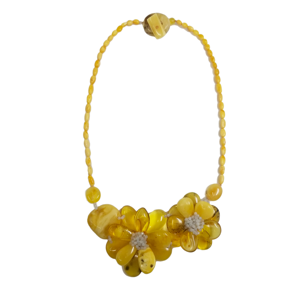 Gorgeous Butterscotch Amber with Aquamarine Accents Flower Statement Necklace